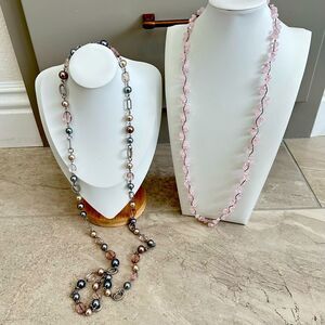 2 Premier Designs PD Long Bling Statement Necklaces - Pink Gray